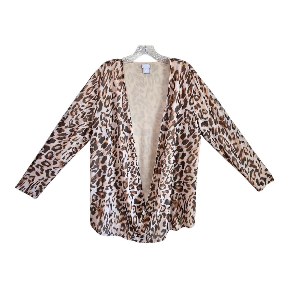 CHICO'S 2 Women L Ocelot Cardigan Jacket Open Mesh Animal Print Long Sleeve 42"
